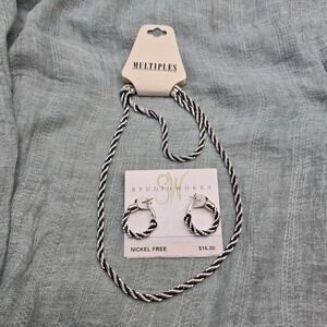 NWT Studio Works Earrings W/ Neclace Bracelet All Silver Black Twist Rope Chains